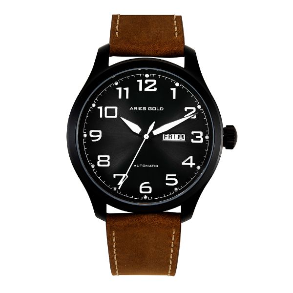 ARIES GOLD AUTOMATIC ESCALATE BLACK STAINLESS STEEL G 9017 BK-BK BROWN LEATHER STRAP MEN'S WATCH